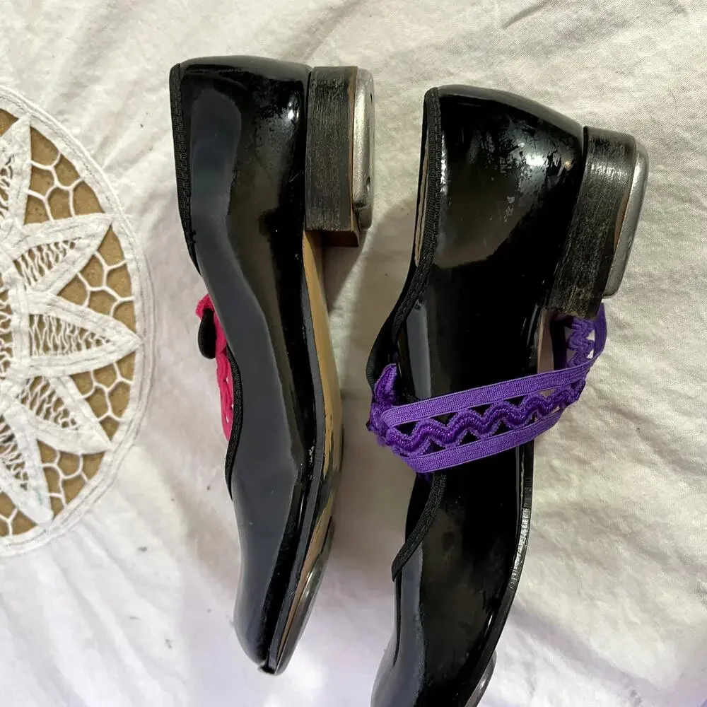 Coasters Girls Black Tap Shoes Size 12.5 Tip Top Tap Dance Pink Purple Ribbons